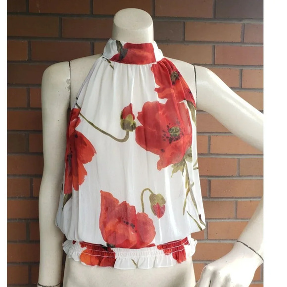Vintage large red poppy 100% viscose semi - sheer high neck top - keyhole back - Picture 1 of 10